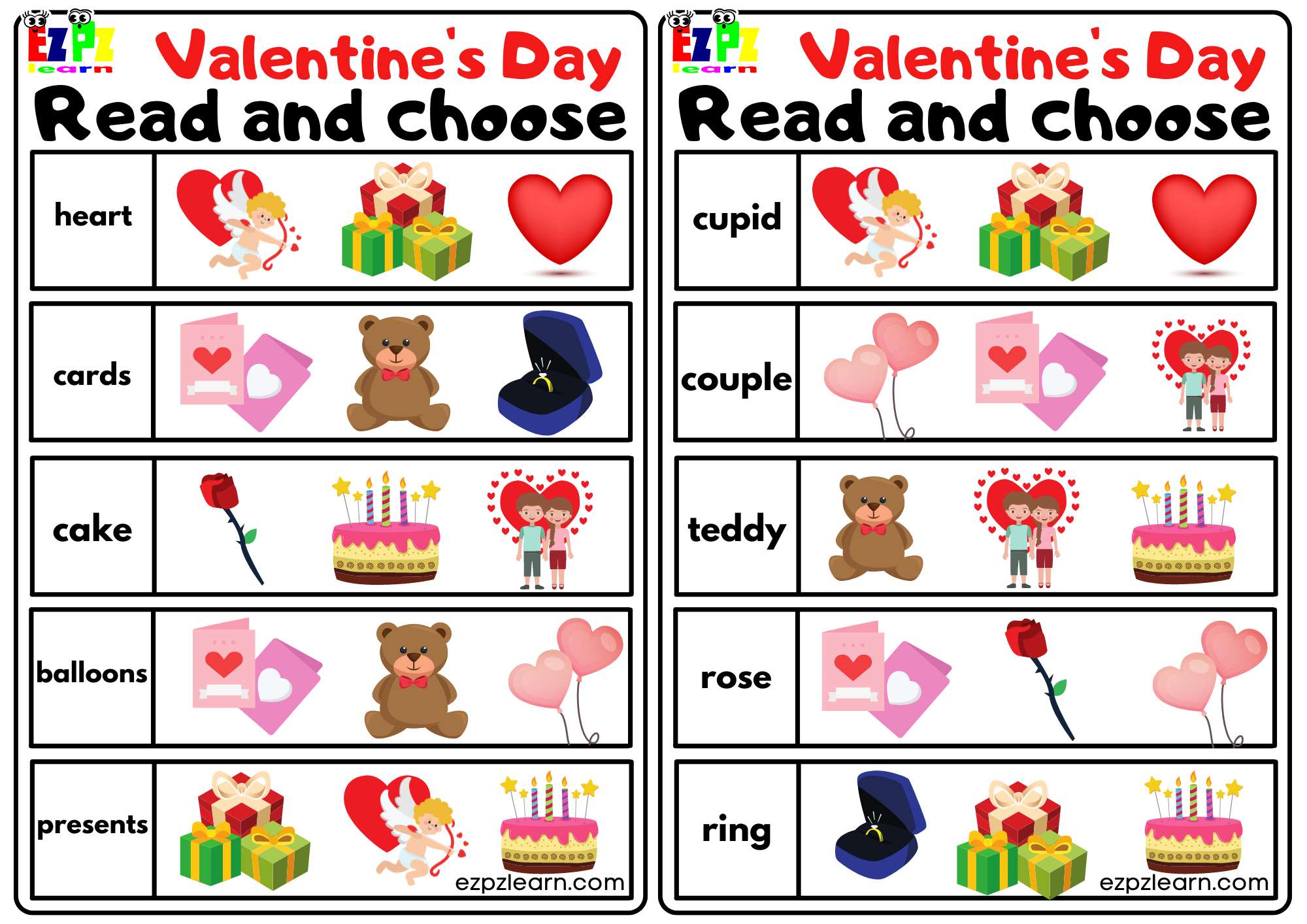 Valentine's Holiday Read and Choose. Free PDF Worksheet Download